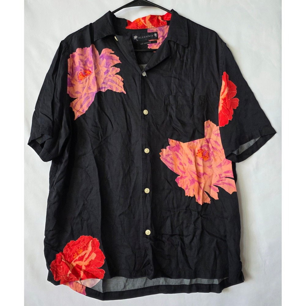 AllSaints Roze SS Shirt Black Floral Print Relaxed Fit Viscose M033SA Size L